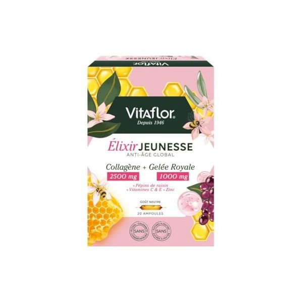 ÉLIXIR JEUNESSE Collagène 2500 mg & Gelée Royale 1000 mg | 20 Ampoules | Complexe Antioxydant Vitamines C, E & Zinc | Complém