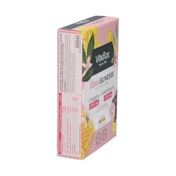 ÉLIXIR JEUNESSE Collagène 2500 mg & Gelée Royale 1000 mg | 20 Ampoules | Complexe Antioxydant Vitamines C, E & Zinc | Complém