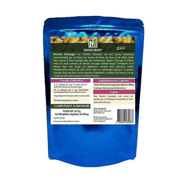 NAKURU | Pensée Sauvage | Gamme Beauty | Fabriqué en France | "La Fleur de Notre Dame!" 500 Gélules Végétales de 295mg / Poi ...