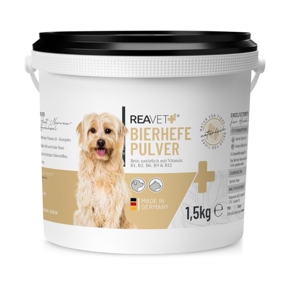 Poudre de levure de bière ReaVET pour Chiens et Chats 1,5 kg - levure de bière Pure moulue Contre la Chute des Poils et Les t