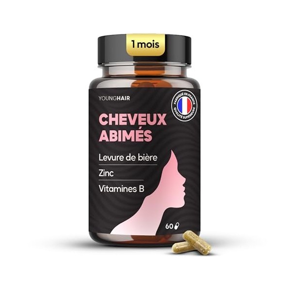 Cure Cheveux Abîmés – Levure de bière, Zinc, Vitamines B1, B3, B5, B6, B8, B9, B12 – Complément Alimentaire - 1 mois – 60 gél