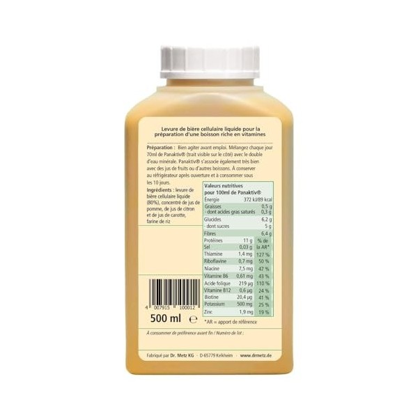Panaktiv® - levure de bière liquide, 500 ml • vitamines B1, B2, B6, B12, acide folique, biotine, niacine, potassium, zinc • q...