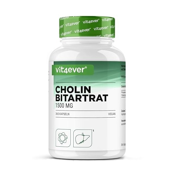Gélules de choline – 365 gélules avec 1500 mg de bitartrate de choline par dose quotidienne – plus de 6 mois de réserve – foi