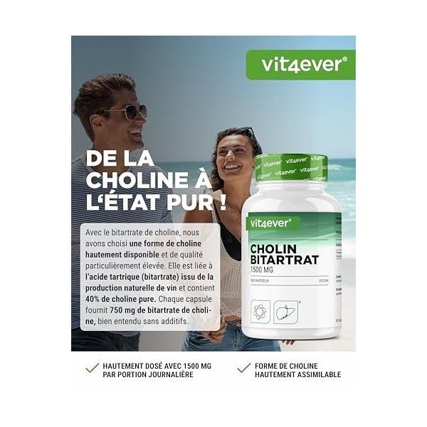 Gélules de choline – 365 gélules avec 1500 mg de bitartrate de choline par dose quotidienne – plus de 6 mois de réserve – foi