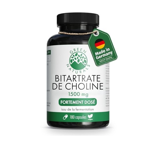Green Naturals® Choline Bitartrate – Hautement dosées: 1.500 mg de bitartrate de choline issu dune fermentation naturelle – 