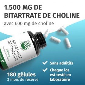 Green Naturals® Choline Bitartrate – Hautement dosées: 1.500 mg de bitartrate de choline issu dune fermentation naturelle – 