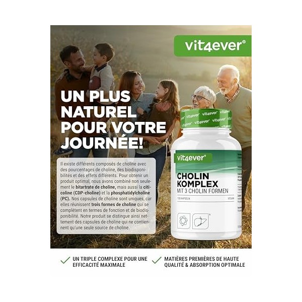 Complexe de choline avec 3 formes de choline - 120 gélules - Bitartrate, Citicoline & Phosphatidylcholine en combinaison syne