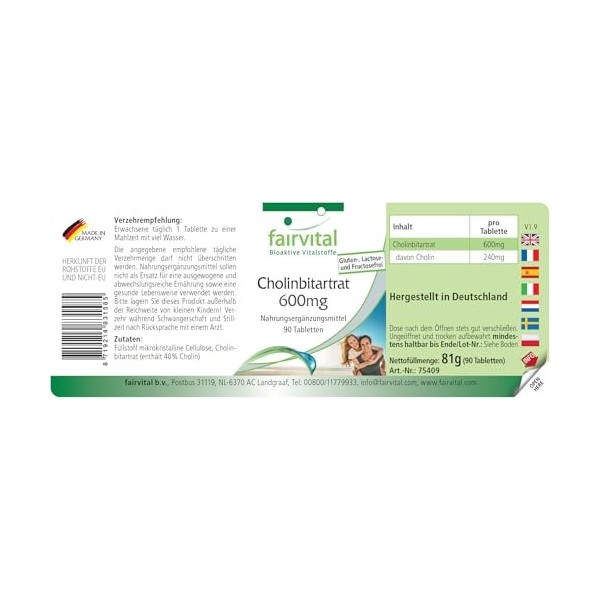 Fairvital | Bitartrate de choline 600 mg - 90 comprimés - Métabolisme hépatique et lipidique* - 40% de choline - Qualité cont