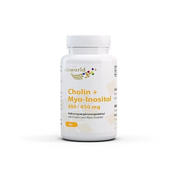 Vita World Choline 450 mg + Myo-Inositol 450 mg 60 Capsule Bitartrate de Choline Vegan Made in Germany