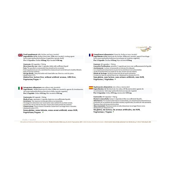 Pack de 3 Vita World Choline 450 mg + Myo-Inositol 450 mg 3 x 60 Capsule Bitartrate de Choline Vegan Made in Germany