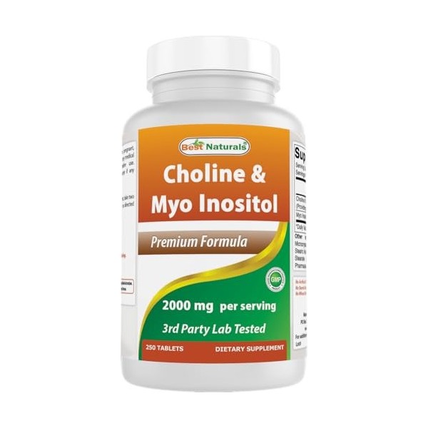 Best Naturals Choline Inositol Myo Inositol 2000 mg par portion 250 comprimés – Sans OGM, sans gluten, fabriqué aux États-U