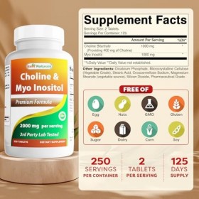 Best Naturals Choline Inositol Myo Inositol 2000 mg par portion 250 comprimés – Sans OGM, sans gluten, fabriqué aux États-U