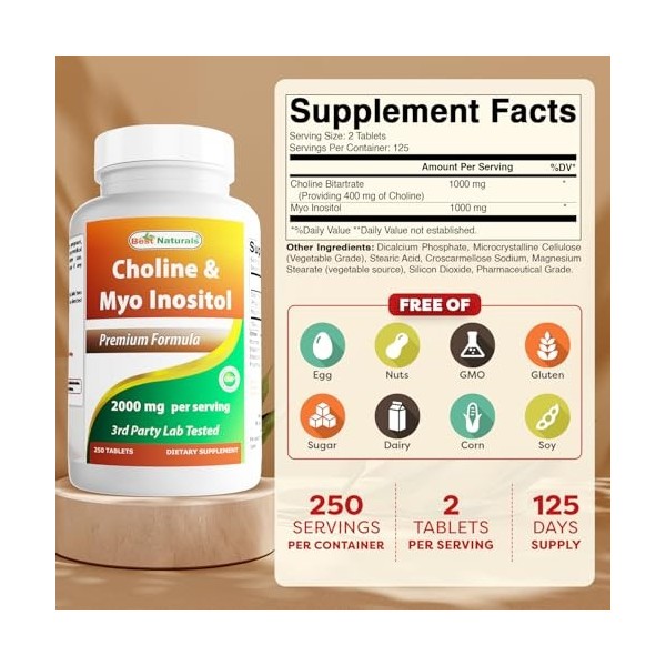 Best Naturals Choline Inositol Myo Inositol 2000 mg par portion 250 comprimés – Sans OGM, sans gluten, fabriqué aux États-U
