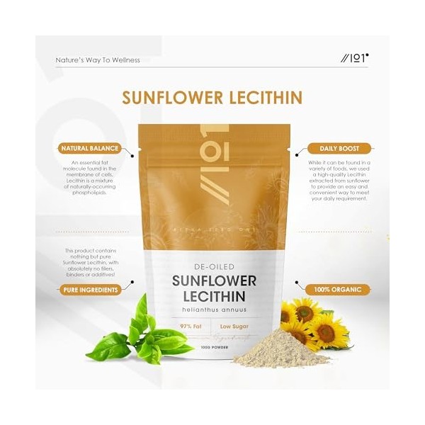 Poudre de lécithine de tournesol 100 g - 97 % de matières grasses essentielles dégraissées - Qualité supérieure - Sachet refe