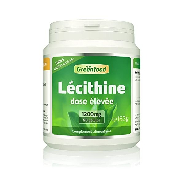 Greenfood Lécithine, 1200 mg, 90 gélules, doses élevées - Sans additifs artificiels. Sans génie génétique. Gélules softgel.