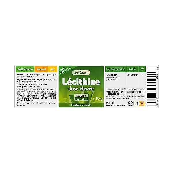 Greenfood Lécithine, 1200 mg, 90 gélules, doses élevées - Sans additifs artificiels. Sans génie génétique. Gélules softgel.