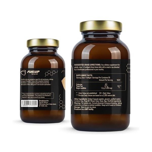 Fuelup Lécithine 1200 mg - 90 gélules - Supplément de lécithine de soja sans OGM - Soutient la fonction de la membrane cellul...