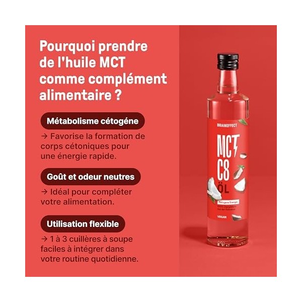 BRAINEFFECT Huile MCT 100% C8 - Qualité allemande - Huile C8 pure sans C10 issue dextrait de noix de coco de première qual Li...