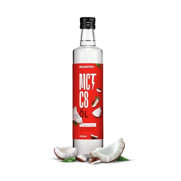 BRAINEFFECT Huile MCT 100% C8 - Qualité allemande - Huile C8 pure sans C10 issue dextrait de noix de coco de première qual Li...
