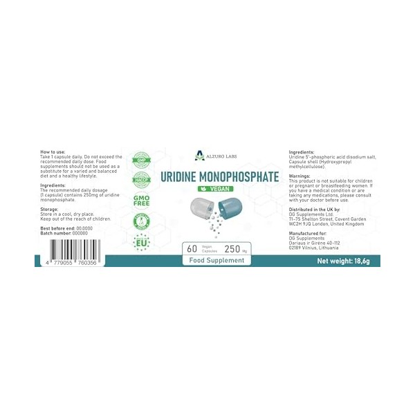 Alzuro Labs Uridine Monophosphate | 250 mg | 60 gélules végétaliennes | Soutien à haute dose pour le cerveau, la mémoire et l