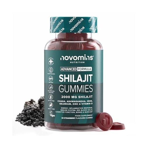 Gommes à mâcher au shilajit – Shilajit haute concentration 2000 mg avec ashwagandha, chaga, zinc, fer, sélénium et vitamine D