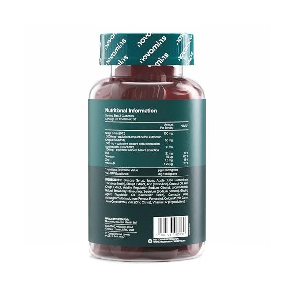 Gommes à mâcher au shilajit – Shilajit haute concentration 2000 mg avec ashwagandha, chaga, zinc, fer, sélénium et vitamine D