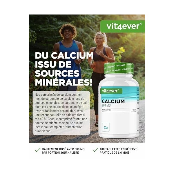 vit4ever Calcium – 400 comprimés avec 800 mg de calcium provenant de carbonate de calcium par portion quotidienne – Suffit po