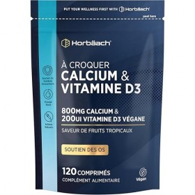 Calcium Vitamine D | 800 mg avec 200 UI de D3 | 120 comprimés à Mâcher Véganes | Source de Calcium et de Vitamie D3 | di Horb