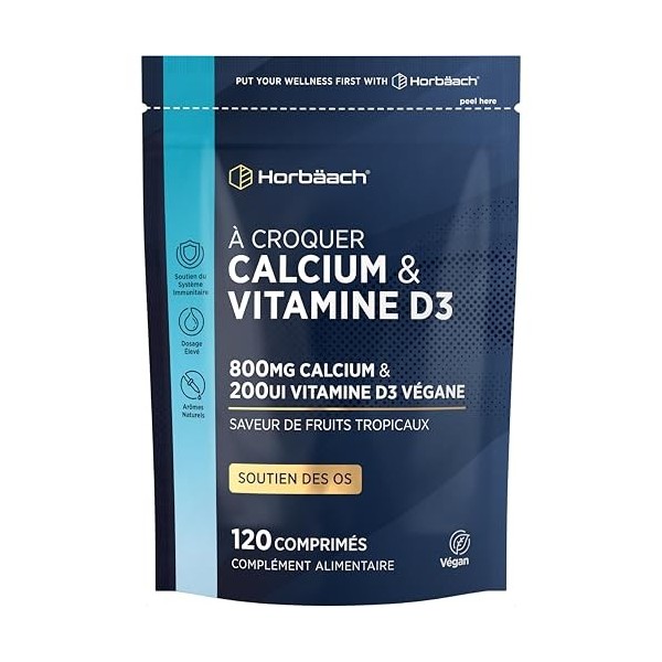 Calcium Vitamine D | 800 mg avec 200 UI de D3 | 120 comprimés à Mâcher Véganes | Source de Calcium et de Vitamie D3 | di Horb