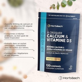 Calcium Vitamine D | 800 mg avec 200 UI de D3 | 120 comprimés à Mâcher Véganes | Source de Calcium et de Vitamie D3 | di Horb