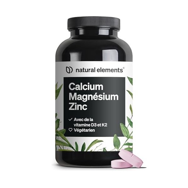 Calcium Magnésium Zinc Vitamine D3 K2 MK7 , 360 Comprimés pour 1 An, Hautement Dosé avec Cuivre, Sélénium et Manganèse, Pour