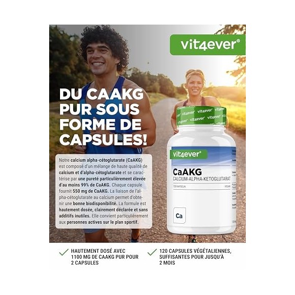 CaAKG - Calcium Alpha-Cétoglutarate - 120 Gélules - Hautement Dosé à 1100 mg par Dose Journalière - Calcium Pur & Alpha-Cétog