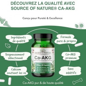 Source of Nature® | 500 mg Ca-AKG | 60 Capsules | Calcium Alpha-Cétoglutarate CaAKG Premium | 1000mg Ca AKG par dose | Sans