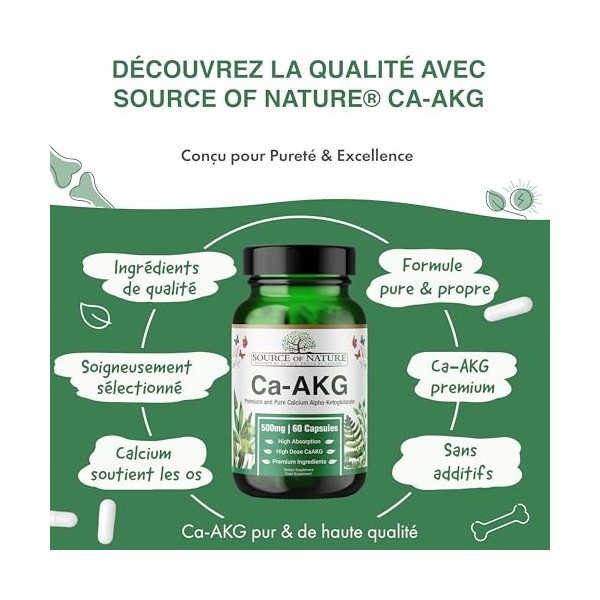 Source of Nature® | 500 mg Ca-AKG | 60 Capsules | Calcium Alpha-Cétoglutarate CaAKG Premium | 1000mg Ca AKG par dose | Sans