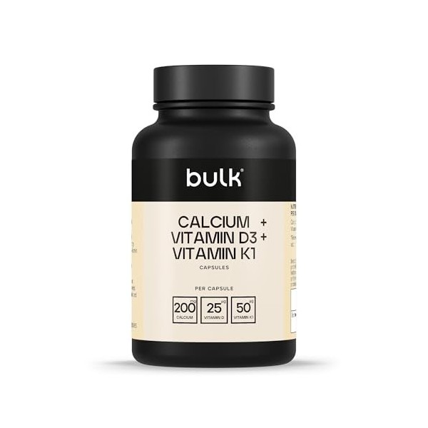 Bulk Capsules de calcium, de vitamine D3 et de vitamine K1, 1000 mg, paquet de 90, lemballage peut varier