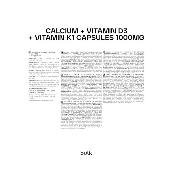 Bulk Capsules de calcium, de vitamine D3 et de vitamine K1, 1000 mg, paquet de 90, lemballage peut varier