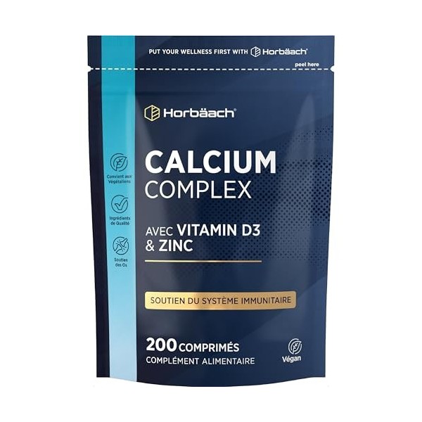 Calcium Magnésium Zinc Vitamin D3 | 200 Comprimés Vegan | Calcium Comprimé | Complexe Vitamine et Minéraux | Haute Résistance