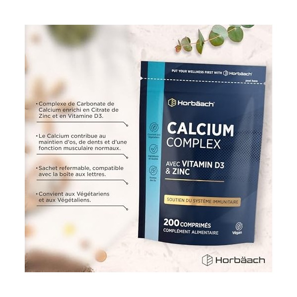 Calcium Magnésium Zinc Vitamin D3 | 200 Comprimés Vegan | Calcium Comprimé | Complexe Vitamine et Minéraux | Haute Résistance