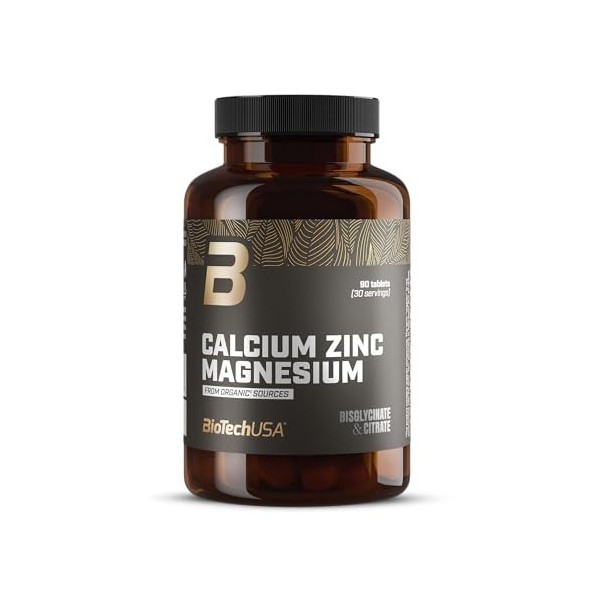 BioTechUSA Calcium Zinc Magnesium from Organic Sources | 4 types de minéraux organiques | Formule synergique pour les os, les