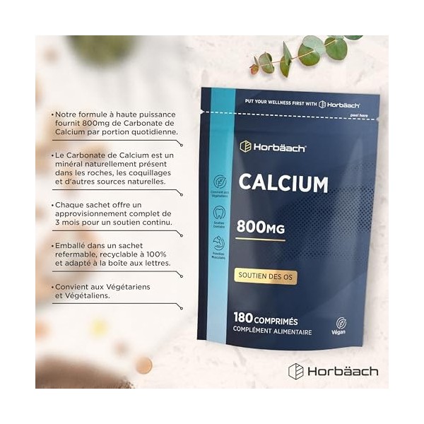 Calcium Carbonate Powder Tablets 800mg | Complement Alimentaire | 180 Comprimés Véganes | Horbaach