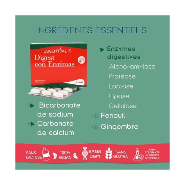 Essentialis Digest – 5 Enzymes, Fenouil et Gingembre – Digestion, Gaz et Ballonnements – 45 Comprimés Végétaliens