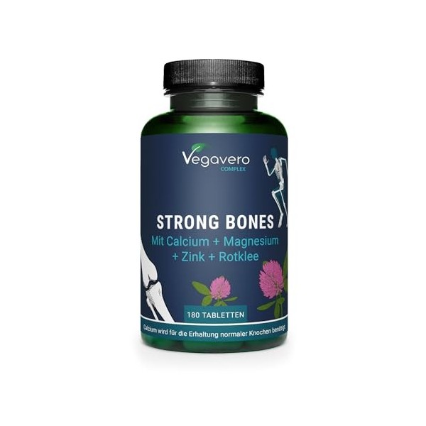 Strong Bones | Calcium Magnesium Zinc | RENFORCEMENT DES OS | Avec Trèfle Rouge | Sans Additifs Artificiels & Vegan | 180 Com