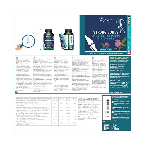 Strong Bones | Calcium Magnesium Zinc | RENFORCEMENT DES OS | Avec Trèfle Rouge | Sans Additifs Artificiels & Vegan | 180 Com