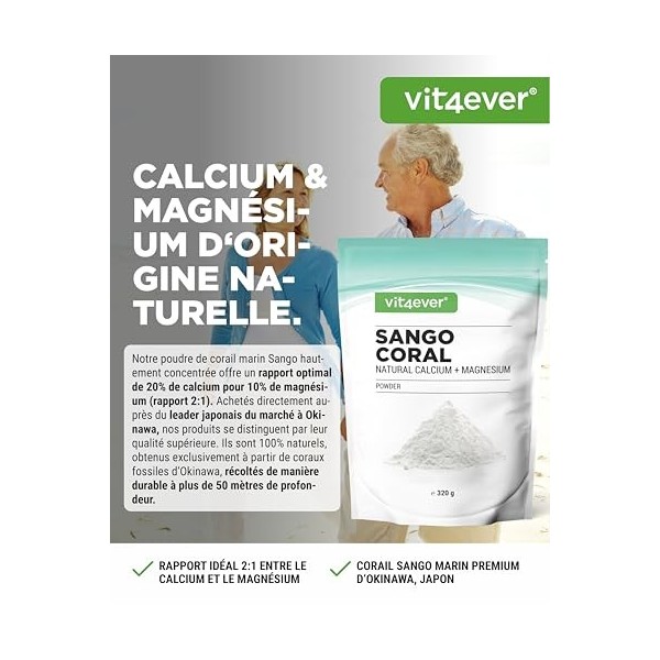 Corail Sango - 320 g de poudre - Source naturelle de calcium 20% & de magnésium 10% dans un rapport de 2:1 propre à lorg