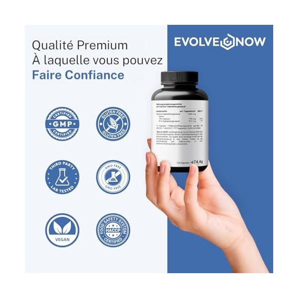 Evolve Now CaAKG - Calcium Alphacétoglutarate 120 gélules vegan 1000mg par portion - Testé en laboratoire, sans additifs inut