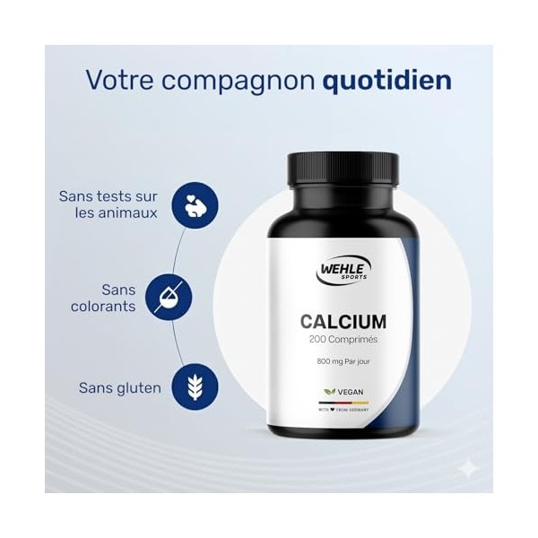 Calcium 800 mg – Carbonate de Calcium – 200 Comprimés – Vegan & Fabriqué en Allemagne – Testé en laboratoire