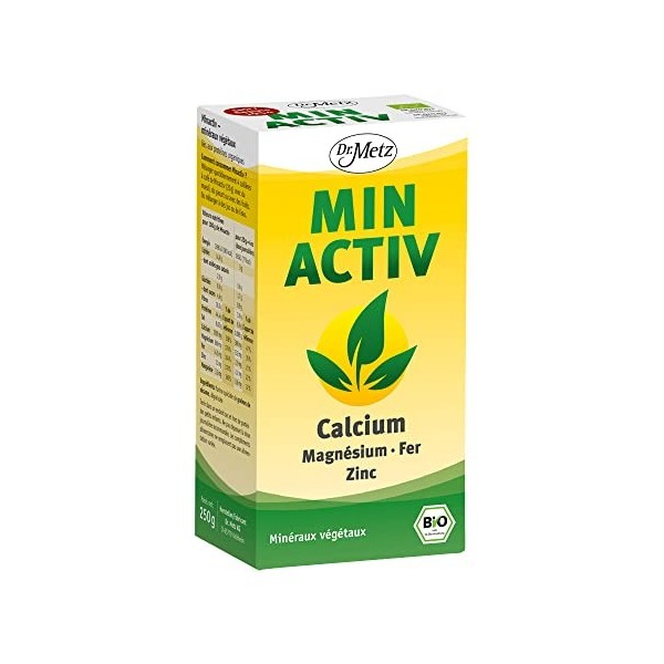 Minactiv - poudre minérale basique, bio, 250 g • calcium végétal pour les os • magnésium pour les muscles & les nerfs • fer p...