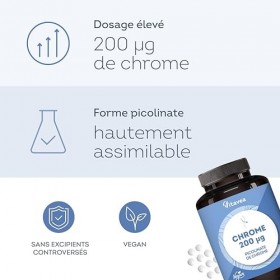 Chrome 200 µg – Picolinate de chrome hautement dosé – 180 comprimés vegan 6 mois de cure – Maintien d’une glycémie normale 