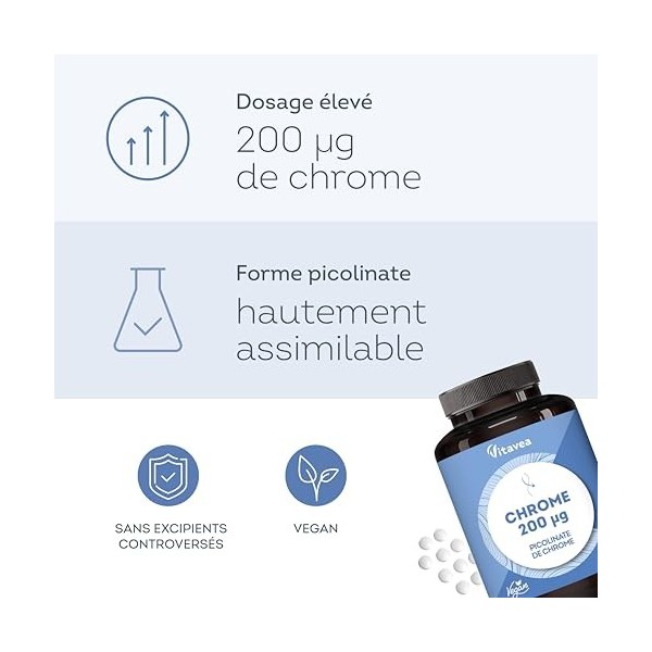 Chrome 200 µg – Picolinate de chrome hautement dosé – 180 comprimés vegan 6 mois de cure – Maintien d’une glycémie normale 
