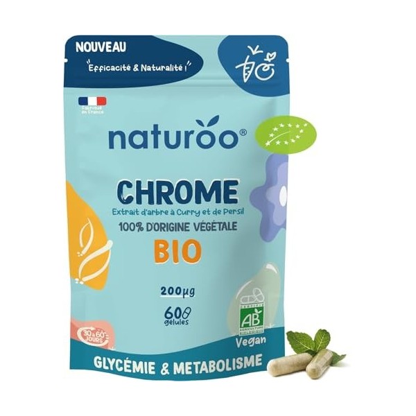 Chrome Végétal & Bio - 60 Gélules Vegan 1 à 2 mois - GLYCEMlE Normale, Métabolisme & Coupe-Faim Naturel - Fabriqué en Franc